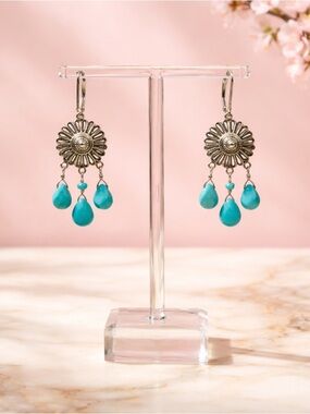 Turquoise Teardrop Sunburst Dangle Earrings - Sterling Silver